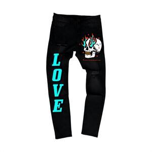 NEW L.O.V.E men's flame skull denim jean in black